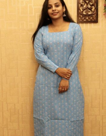 Cotton Full Sleeve Slit Kurti (Blue Small)