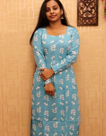 Cotton Full Sleeve Slit Kurti (Blue Big)