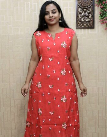Mul Chanderi Aline Kurti (Tomato Peach)