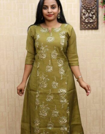 Mul Chanderi Aline Kurti (Olive Green)