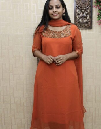 Georgette Handworked Aline Kurti With Duppatta (Orange)