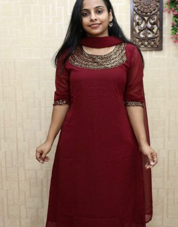 Georgette Handworked Aline Kurti With Duppatta (Meroon)