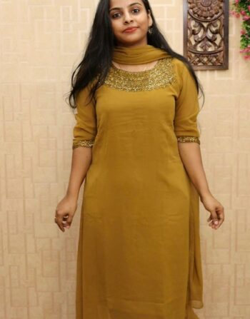Georgette Handworked Aline Kurti With Duppatta (Olive Green)