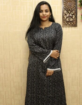 Delta Printed Full Sleeve Aline Kurti (Black)