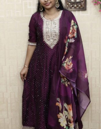 Vichitra Silk Panel Cut Anarkali With Duppatta (Wine )