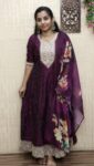 Vichitra Silk Panel Cut Anarkali With Duppatta (Wine )