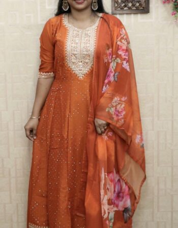 Vichitra Silk Panel Cut Anarkali With Duppatta (Orange)