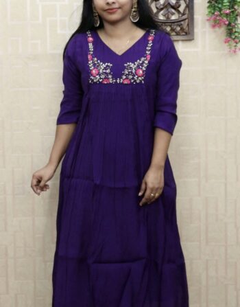 Premium Mul Chanderi Front Pleated Aline Top (Violet)