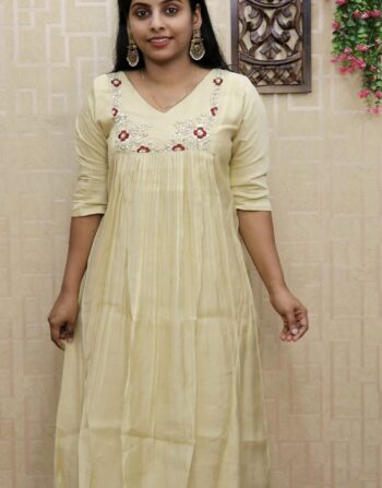 Premium Mul Chanderi Front Pleated Aline Top (Ivory)