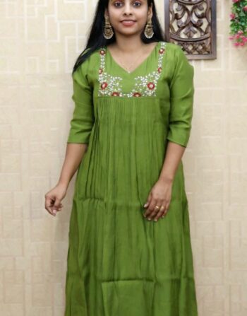 Premium Mul Chanderi Front Pleated Aline Top (Green)