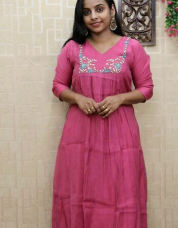 Premium Mul Chanderi Front Pleated Aline Top (Pink)