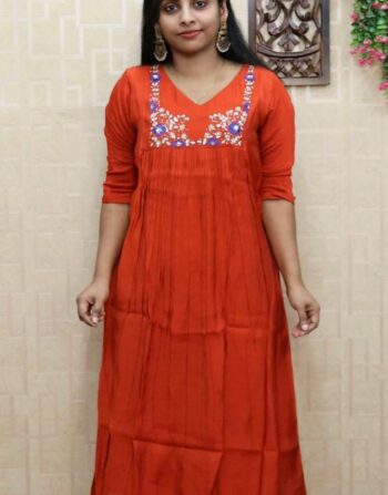 Premium Mul Chanderi Front Pleated Aline Top (Orange)