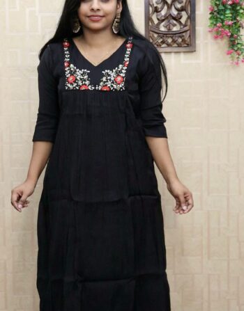 Premium Mul Chanderi Front Pleated Aline Top (Black)