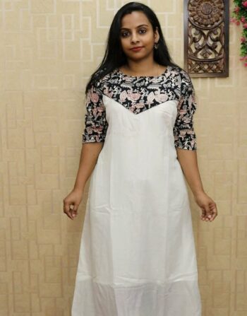 Vichitra Silk Aline Kurti With cotton patch (Milky white)