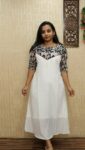 Vichitra Silk Aline Kurti With cotton patch (Milky white)