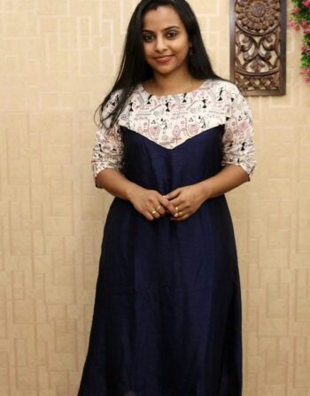 Vichitra Silk Aline Kurti With cotton patch (Navy Blue)