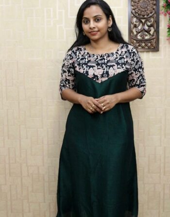 Vichitra Silk Aline Kurti With cotton patch (Green)
