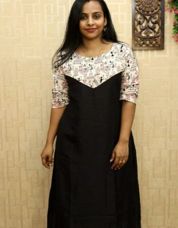 Vichitra Silk Aline Kurti With cotton patch (Black)
