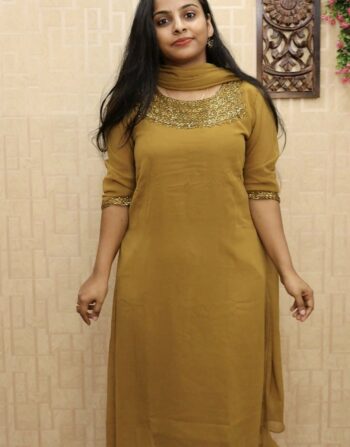 Georgette Handworked Aline Kurti With Duppatta (Mustard Yellow)