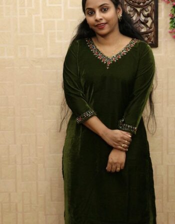 Velvet Handworked Slit Kurti (Mehandi Green)