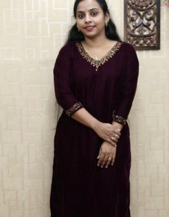 Velvet Handworked Slit Kurti (Wine)
