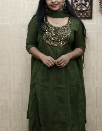 Georgette 12 panel Cut Partywear Anarkali plus Duppatta (Olive Green)