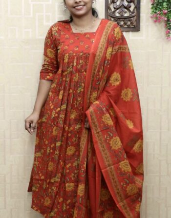 Cotton Designer Aline Kurti With Duppatta and Bottom (Brick Red)
