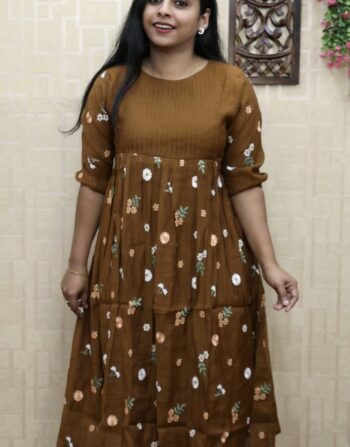 Mul Chanderi Designer Frock Kurti (Caramel Brown)