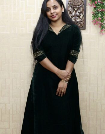Designer Velvet Handworked Aline Kurti (Dark Green)