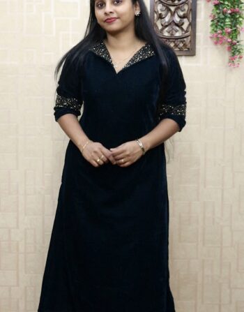 Designer Velvet Handworked Aline Kurti (Peacock Blue)