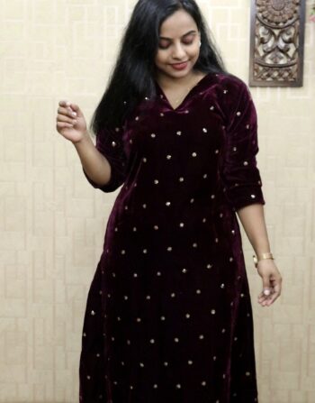 Velvet Sequence Butta Aline Kurti (Wine)