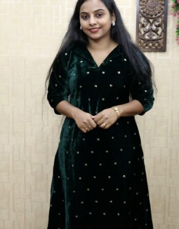 Velvet Sequence Butta Aline Kurti (Dark Green)