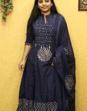 Premium Cotton Panel Cut Anarkali Top 3 Piece Set (Dark Blue)