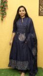Premium Cotton Panel Cut Anarkali Top 3 Piece Set (Dark Blue)