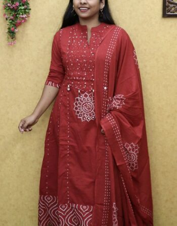 Premium Cotton Panel Cut Anarkali Top 3 Piece Set (Reddish Meroon)
