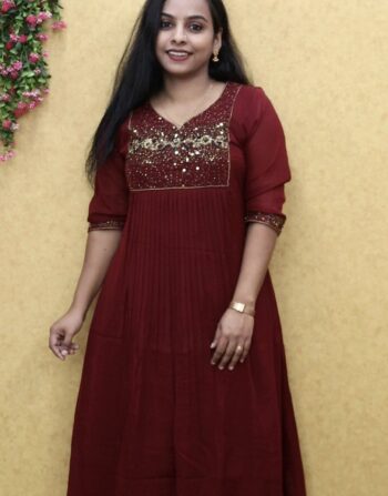 Georgette Heavy Handworked Partywear Kurti (Dark Meroon)