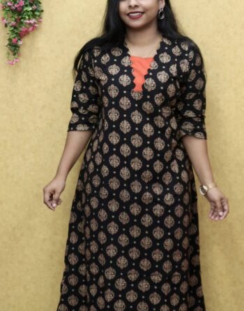Ajrak Cotton Aline Kurti  (Black)