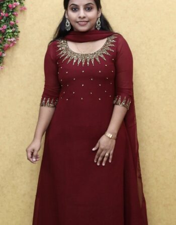 Georgette Partywear Handworked Aline Kurti With Duppatta (Dark Meroon)