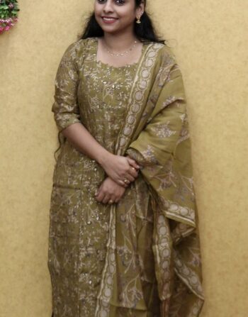 Printed Mul Chanderi 3 Piece Set (Olive Green)