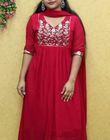 Georgette Handworked Front Pleated Aline Kurti With Duppatta (Rani Pink)