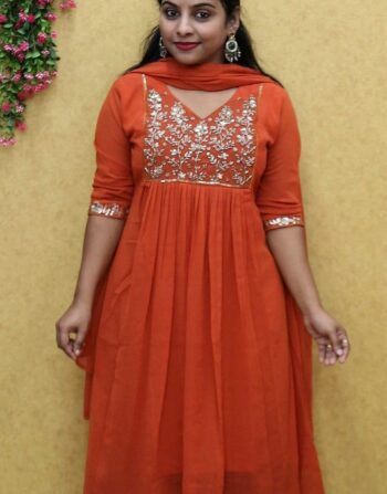 Georgette Handworked Front Pleated Aline Kurti With Duppatta (Peach Orange)