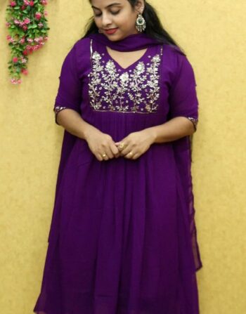 Georgette Handworked Front Pleated Aline Kurti With Duppatta (Violet)