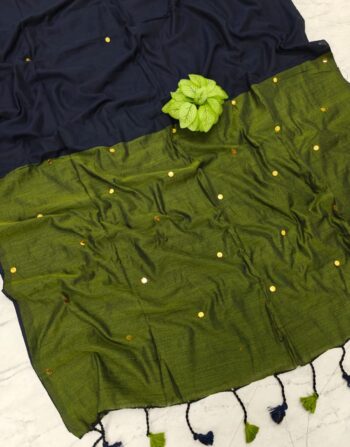 Premium Khadi Cotton Coin Saree (Navy Blue Gram Green)
