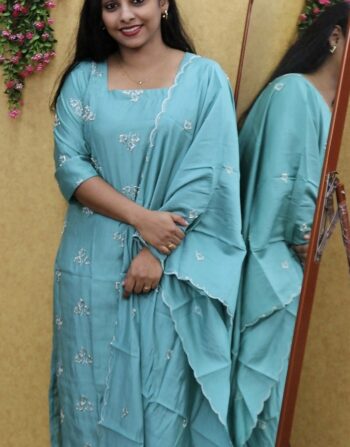 Mul Chanderi Partywear 3 Piece Set (Pastel Blue)