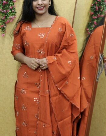 Mul Chanderi Partywear 3 Piece Set (Rust Orange)