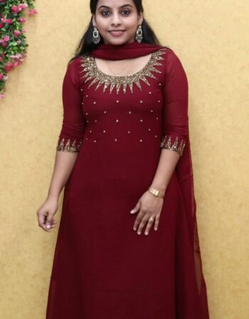 Georgette Heavy Handworked Aline Top With Duppatta (Meroon)
