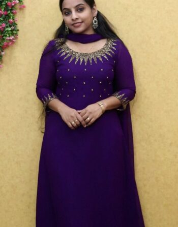 Georgette Heavy Handworked Aline Top With Duppatta (Violet)