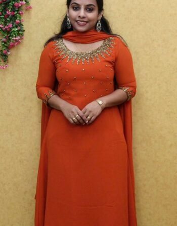 Georgette Heavy Handworked Aline Top With Duppatta (Orange)