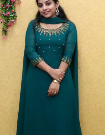 Georgette Heavy Handworked Aline Top With Duppatta (Peacock Green)