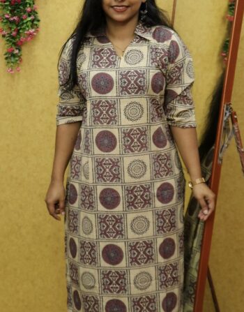 Semi Ajrak Cotton Slit Kurti (Chikku)